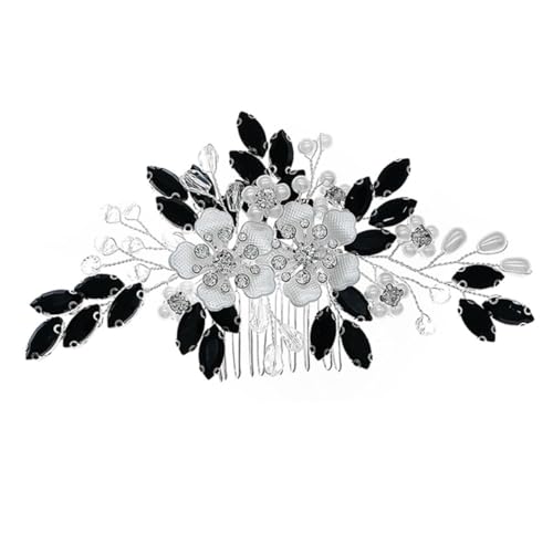 WEKADRIN Eleganter Braut Haarschmuck Perlen Blumen Kamm Handgefertigt mit Schwarzen Strasssteinen Wiederverwendbarer Haarschmuck für Hochzeit Party und Festliche Anlässe Geeignet für Damen von WEKADRIN