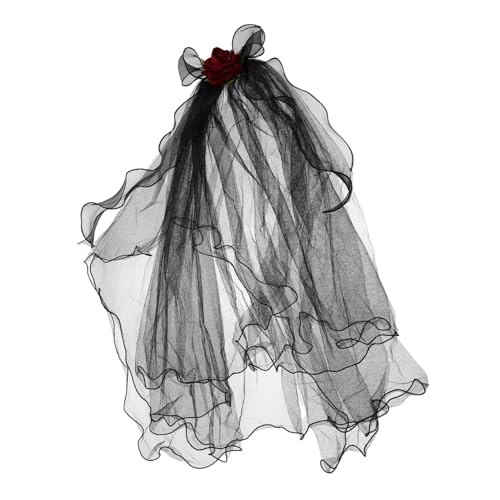 WEKADRIN Schwarzer Schleier Für Halloween Mit Blumenkopfschmuck Kostümschleier Für Geisterbraut-outfit Partykopfschmuck Mit Rosen Für Damen Geeignet Für Junggesellinnenabschied Und von WEKADRIN