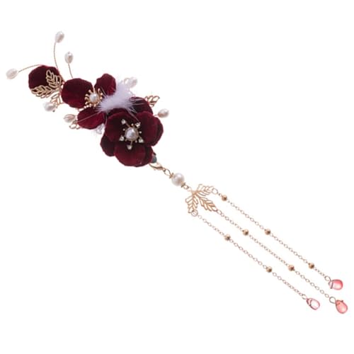 WEKADRIN Tiefrote Blüten Haarklammer mit Plüsch Quaste Elegant Langlebig Haarschmuck für Damen Hanfu Stil Frisuren Festlich und Alltagstauglich von WEKADRIN