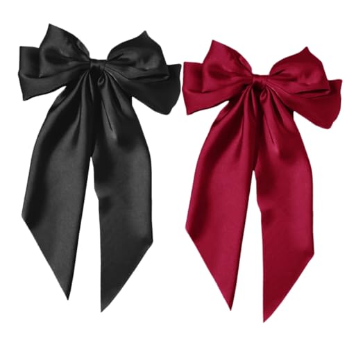 WEKAMOS 2 Stück Große Satin Haarschleifen Teiliges Stilvolle Mehrschichtige Haarklammern für Frauen und Mädchen Modische Schleifenclips für Ponytail und Alltag Schwarz und Weinrot von WEKAMOS