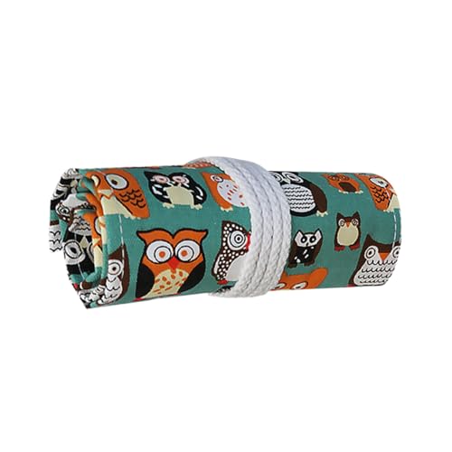 WEKAMOS Handgefertigte Stifterolle Grüner Eulen Motiv Bleistifttasche aus Strapazierfähigem Elastischer Stifthalter für Schüler und Künstler von WEKAMOS