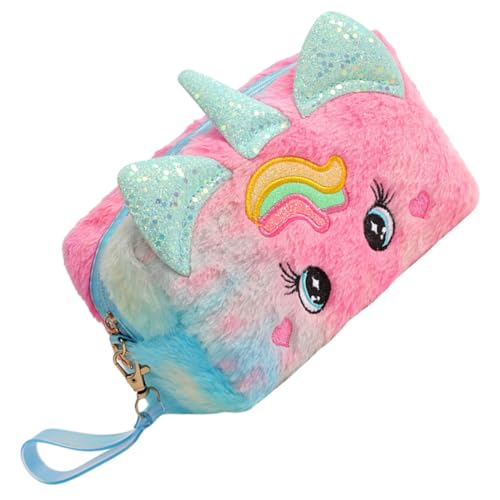 WEKAMOS Kleine Kosmetiktasche für Mädchen Multifunktionale Reisetasche Plüsch Einhorn Make Up Organizer mit Reißverschluss Tragbare Kulturtasche für Reisen und Alltag von WEKAMOS