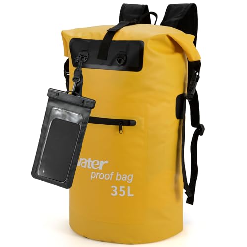 Wasserdichter Rucksack 35L/50L Waterproof Rolltop Rucksack Dry Bag mit IPX8 Handyhülle, für Kajak, Kanu, Camping, Trekking, Wandern, Segeln oder andere Wassersportarten 35L Gelb von WELDUN