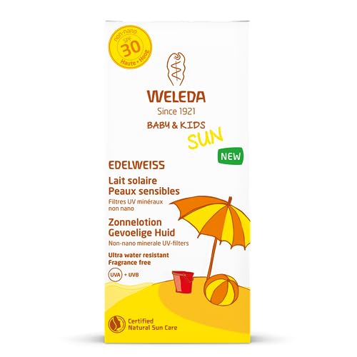 WELEDA Baby und Kids Edelweiss Sensitiv Sonnenmilch LSF 30, sofortiger Naturkosmetik Sonnenschutz mit UV-Filtern für Babys, Kinder und sensible Haut, parfümfrei und wasserfest (1 x 150 ml) von WELEDA