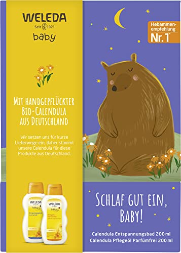 WELEDA Bio Baby Geschenk Set ENTSPANNUNG – Naturkosmetik Babypflege Geschenkbox bestehend aus Calendula Pflegeöl & Entspannungsbad. Optimales Pflegeset zur täglichen Pflege von Babys & Kleinkindern von WELEDA