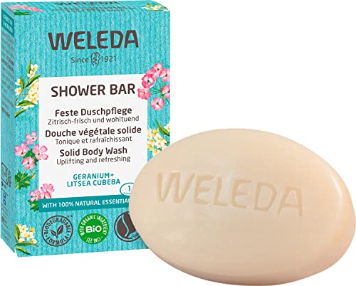 WELEDA Bio Festes Duschgel Geranium & Litsea Cubeba – feste Naturkosmetik Dusche mit Sheabutter & erfrischendem Duft. Natürliche Shower Bar Seife für Männer & Frauen. 100% Vegan & Plastikfrei (1x75g) von Weleda