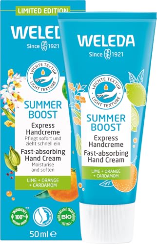 WELEDA Bio Summer Boost Express Handcreme - Limited Edition Naturkosmetik Handpflege Creme mit Sesamöl & Bienenwachs. Handlotion mit Duft nach Limette, Orange & Kardamom für trockene Hände (1x 50ml) von WELEDA