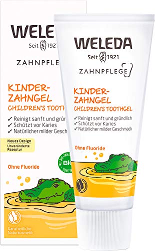 WELEDA Bio Kinder Zahngel – vegane Naturkosmetik Zahnpasta ohne Fluoride zur Zahnpflege von Milchzähnen & Zahnfleisch von Kleinkindern & Babys. Fluoridfreie Zahnreme zum Schutz vor Karies (1x 50ml) von WELEDA