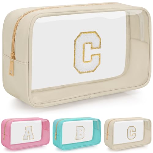 WELIDAY Make-up-Tasche mit Initialbuchstaben, transparent, Reise-Kosmetiktasche, Chenille, wasserdicht, Kulturbeutel mit Reißverschluss für Teenager, Mädchen, Frauen, Beige, C von WELIDAY