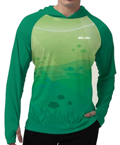 Herren LSF 50+ Sonnenschutz Hoodie Shirt Langarm LSF Angeln Outdoor UV Wandern Leichte Hemden, A-D-Grün, L von WELIGU