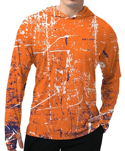Herren LSF 50+ Sonnenschutz Hoodie Shirt Langarm LSF Angeln Outdoor UV Wandern Leichte Hemden, A-H, Orange, X-Groß von WELIGU