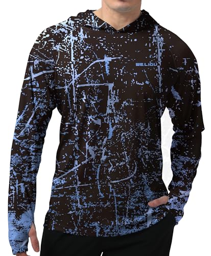 Herren LSF 50+ Sonnenschutz Hoodie Shirt Langarm LSF Angeln Outdoor UV Wandern Leichte Hemden, A-e-fluoreszierendes Blau, Klein von WELIGU