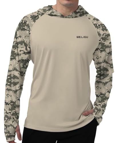 Herren LSF 50+ Sonnenschutz Hoodie Shirt Langarm LSF Angeln Outdoor UV Wandern Leichte Hemden, C-B-Khaki, 3X-Groß von WELIGU