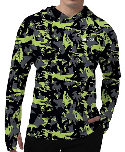 Herren LSF 50+ Sonnenschutz Hoodie Shirt Langarm LSF Angeln Outdoor UV Wandern Leichte Hemden, C-a-fluoreszierendes Grün, XL von WELIGU