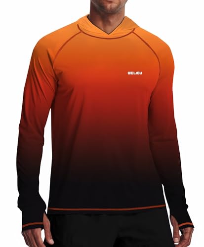Herren LSF 50+ Sonnenschutz Hoodie Shirt Langarm LSF Angeln Outdoor UV Wandern Leichte Hemden, E-b-Orange, X-Large von WELIGU
