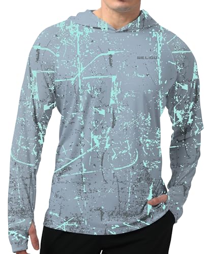 Herren UPF 50+ Sonnenschutz Hoodie Shirt Langarm LSF Angeln Outdoor UV Wandershirts Leicht, Hellgrau, XXL von WELIGU