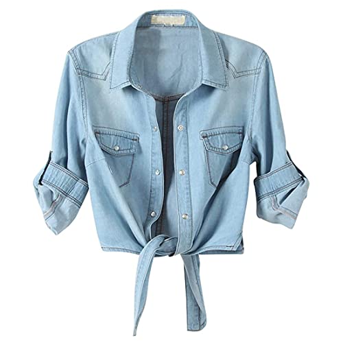 Rioge Damen Jeanshemd 3/4 Ärmel Oberteile mit Krawattenknoten Casual Kurze Jackedamen Tunika Bluse Langarmshirt Elegante Longshirt Lose Locker Bluse Tunika Tops Denim Jean Shirt Jacket von WELLDAY