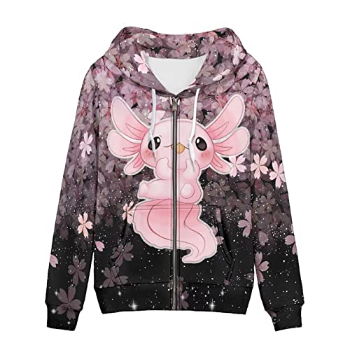 WELLFLYHOM Damen Y2K Hoodie Zip Up Sweatshirt Vintage Jacken Kapuzenjacke, 0 Axolotl Kirschblüten, XXL von WELLFLYHOM