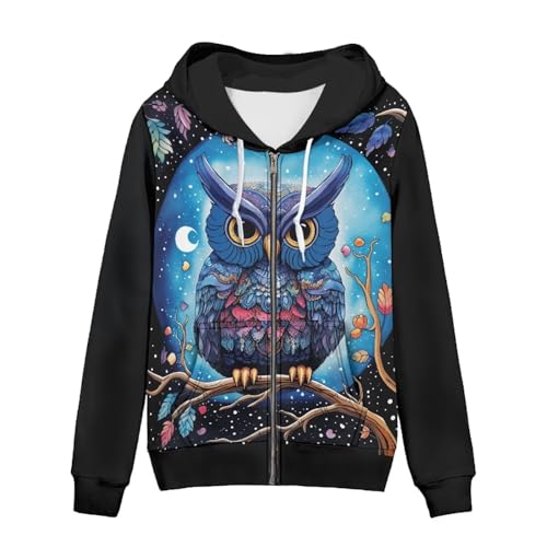 WELLFLYHOM Y2k Hoodie Frauen Zip Up Sweatshirt Langarm Shirt Kapuzenjacke, Cartoon Eule, 3XL von WELLFLYHOM