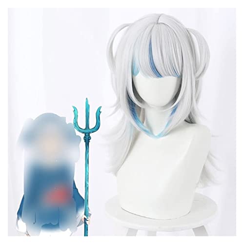 WELLHY Anime Gawr Gura Cosplay Perücke Haifisch Mädchen Silber Gemischt Blau Medium Niedlich Pferdeschwänze Lockiges Party Haar Halloween Frauen Mädchen Coser Perücke von WELLHY