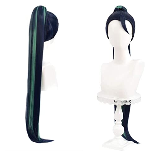 WELLHY Anime Kaisa Cosplay Perücke Gerade Schwarz Mix Grün mit Pferdeschwanz for Halloween Kostüm Party Free Cap Coser Perücke von WELLHY