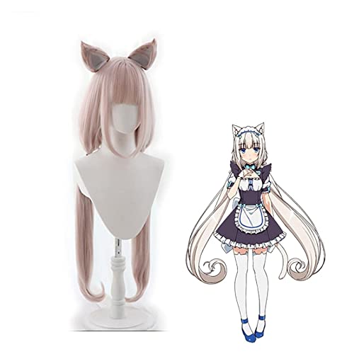 WELLHY Anime NEKOPARA Vanille Cosplay Perücke Katzenohren Lange Rosa Perücke Hitzebeständiges Faserhaar mit Perückenkappe Halloween Party Grils Frauen Coser Perücke von WELLHY