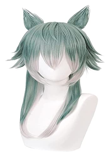 WELLHY Cosplay Perücke Anime Cosplay Kostüm Perücke BEASTARS Perücke Legoshi Perücke Grüner Farbverlauf Grauweiß Perücke mit Clip Wolfsohren mit gratis Perückenkappe for Halloween Party Karneval Nacht von WELLHY