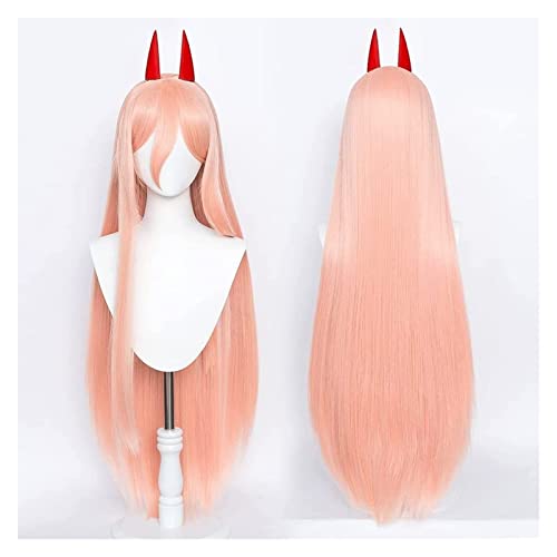 WELLHY Cosplay Perücke Anime Cosplay Kostüm Perücke Kettensäge Mann Perücke Power Perücke Orange Gerade Frauen Perücke mit Zwei Hörnern Mit Gratis Perückenkappe for Halloween Party Karneval Nachtleben von WELLHY