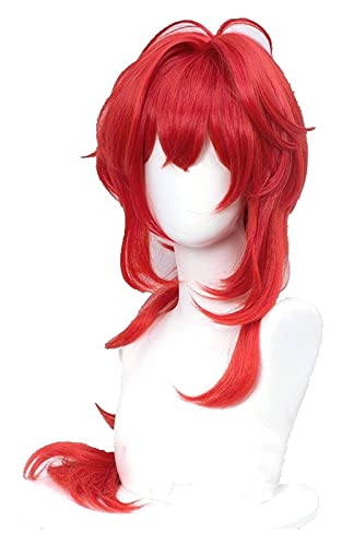 WELLHY Cosplay Perücke Diluc Perücke Genshin Impact Cosplay Rotes Haar Lange Locken Hitzebeständig for Erwachsene Männer Frauen Halloween Rollenspiele + Perückenkappe for Coser von WELLHY