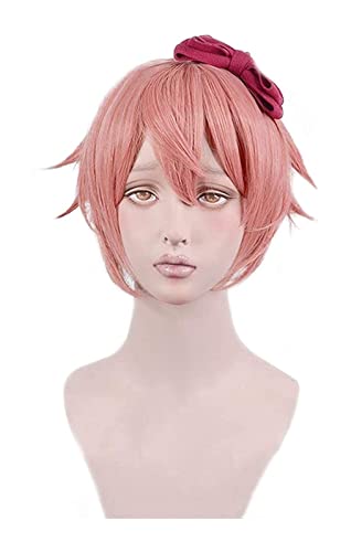 WELLHY Cosplay Perücke Doki Doki Literature Club DDLC Sayori Kurz Pfirsichrosa Cos Perücke Hitzebeständiges Haar Cosplay Haar Perücken mit Schleife Haarnadel for Coser von WELLHY