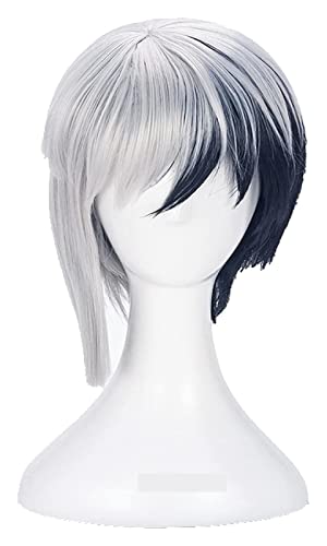 WELLHY Cosplay Perücke Dr.Stone Asagiri Gen Cosplay Perücke Gemischt Schwarz Silber Weiß Hitzebeständige Kunsthaarperücke + Perückenkappe for Coser von WELLHY