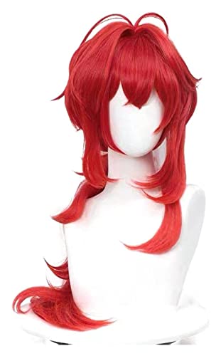 WELLHY Cosplay Perücke Genshin Impact Diluc Cosplay 60cm Rotes Haar Lockig Hitzebeständig for Erwachsene Männer Frauen Halloween Rollenspiele Anime Perücken for Coser von WELLHY