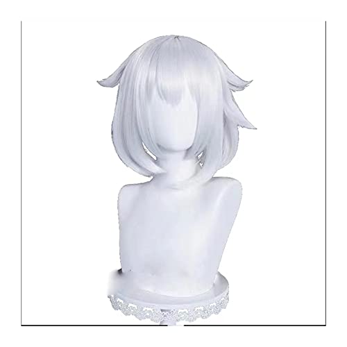 WELLHY Cosplay Perücke Genshin Impact Paimon Cosplay 36 cm Kurz Silber Weiß Perücke Cosplay Kostüm for Frauen Mädchen Halloween Party Cosplay Full Set Perücke for Coser von WELLHY