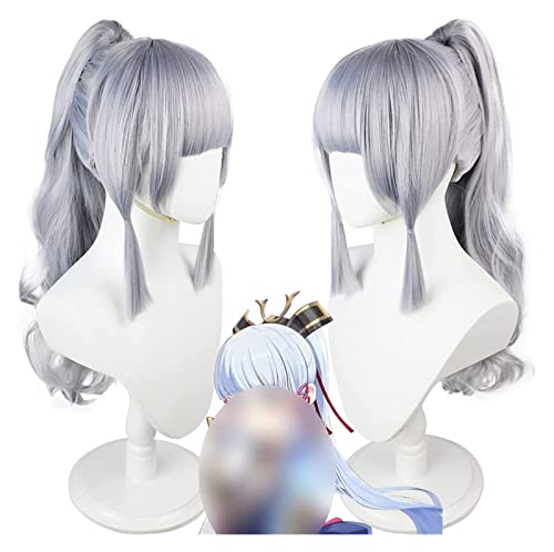 WELLHY Cosplay Perücke Genshin Impact Perücke Anime Cosplay Kamisato Ayaka Perücke Pferdeschwanz Silberne Perücke mit Gratis Perückenkappe for Halloween Party Karneval Nachtleben Konzerte Hochzeiten f von WELLHY