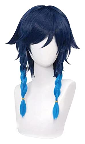WELLHY Cosplay Perücke Genshin Impact Venti 50cm Perücke Farbverlauf Blau Kurz Geflochten Hitzebeständig Kunsthaar Spiel Anime Cosplay Halloween + Perückenkappe for Coser von WELLHY