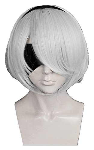 WELLHY Cosplay-Perücke NieR: Automata 2B Yorha Nr. 2 Typ B Heroine Short Silber Weiß Bobo Hitzebeständige Cosplay Perücke (ohne Augenklappe) for Coser von WELLHY