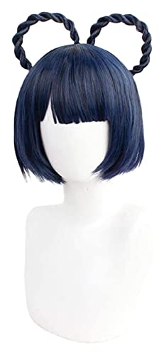 WELLHY Cosplay Perücke Spiel Genshin Impact XiangLing Cosplay Perücken Dunkelblau Kurz Cosplay Perücke Geflochtene Perücken Hitzebeständiges Kunsthaar for Coser von WELLHY