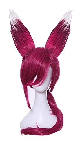 WELLHY Cosplay Perücke Spiel Xayah Cosplay Perücken Farbe Rot Cosplay Perücke mit Ohren Pferdeschwanz Hitzebeständige Kunsthaar Frauen Haarperücke for Coser von WELLHY