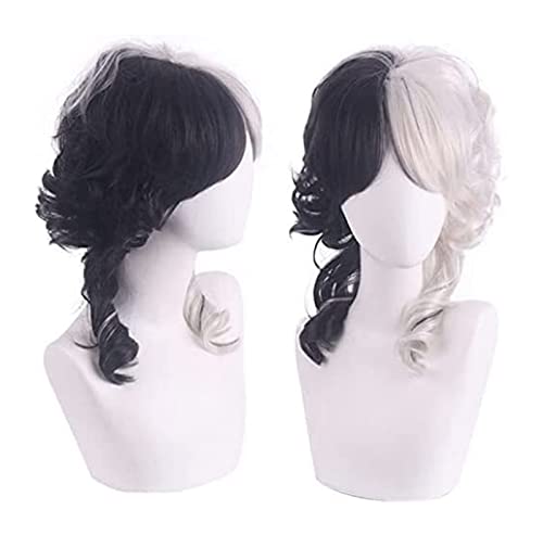 WELLHY Cosplay Perücke schwarz und weiß Perücke Damen halb schwarz und halb weiß Halloween Cosplay Party Kostüm Kostüm Perücke gewellte Locken for Coser von WELLHY