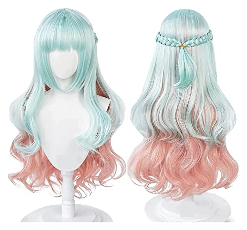 WELLHY Kuon Shinzaki Wig High Rise Invasion Cosplay Wig Long Blue Curly Wig with Bangs Light Blue Pink Gradient Wellig Wig Accessories Coser Wig von WELLHY