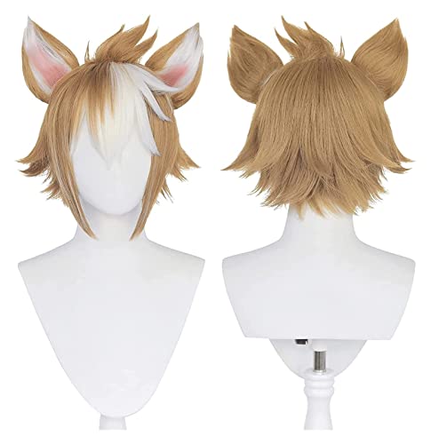 WELLHY Orange Mixed White Gradient Gorou Cosplay Perücke for Spiel Genshin Impact Men Kurze synthetische Cosplay Perücke mit Hörnern Coser Perücke von WELLHY
