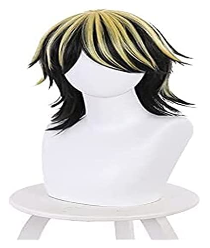 WELLHY Schwarz Blonde Hanemiya Kazutora Cosplay Perücke for Tokyo Revengers Anime Cosplay Halloween Party Stufenhaar Kostüm mit Coser Perücke von WELLHY