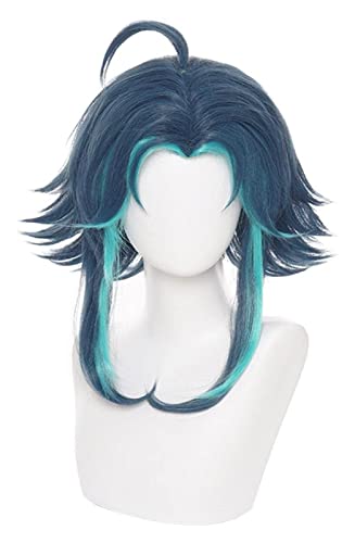 WELLHY Wig for Game Genshin Impact Xiao Cosplay Wig Mixed Dark Green Blue Short Heat Resistant Synthetic Hair Halloween Role Play Wigs + Wig Cap OneSize B Coser Wig (Color : A) (Color : A) von WELLHY