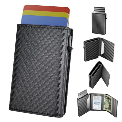 WELLNEC Kartenetui Geldbörse Kreditkartenetui Wallet Herren - Pop up Kartenetui RFID Schutz 6-11 Karten Slim Lockcard Wallet mit Münzfach aus Kohlefaser Alumini Mini Geldbörse Herren Klein von WELLNEC