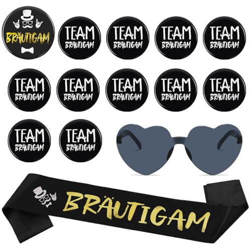 WELLXUNK 14Pcs JGA Deko Männer Bräutigam Schärpe Button Set, Bräutigam Satin Schärpe mit 1 Bräutigam Abzeichen und 11 Team Bräutigam Button Anstecker, 1 Brille für Junggesellenabschied, Hochzeiten von WELLXUNK