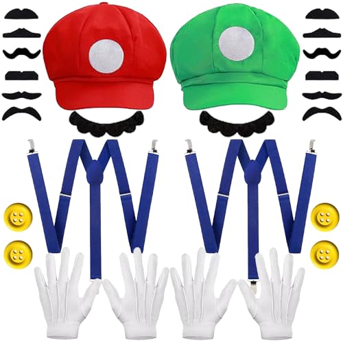 WELLXUNK Mario Luigi Kostüm Accessories, Mario und Luigi Mütze, Su-per-Mario Luigi Kostüm mit Kappen Schnurrbärte Handschuhe Knöpfe, Erwachsene Outfit für Weihnachten Karneval Faschingskostüme von WELLXUNK