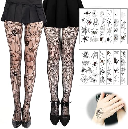 WELLXUNK Netzstrumpfhose Schwarz Halloween, 2 Paar Hohe Taille Mesh Strumpfhosen Strümpfe mit 10 Spinnentattoos, Strumpfhose Spinnennetz Halloween, Netzstrumpfhose Strumpfhosen für Halloween Karneval von WELLXUNK