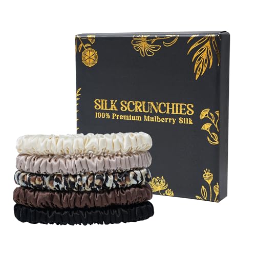 WELROG 5er Set 100% Mulberry Seiden Scrunchies für Damen Seide Haargummi für Mädchen Elastische Silk Haargummis ohne Abdrücke Seide Haargummis für geschmeidiges Haar von WELROG