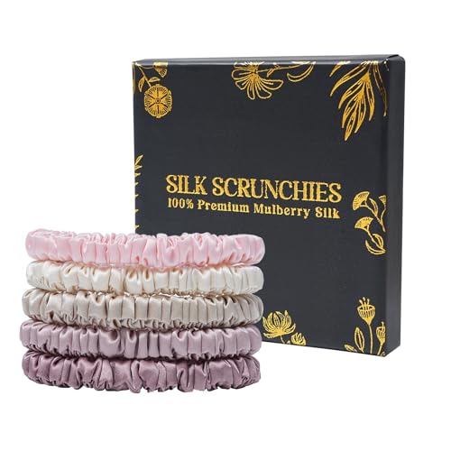 WELROG 5er Set 100% Mulberry Seiden Scrunchies für Damen Seide Haargummi für Mädchen Elastische Silk Haargummis ohne Abdrücke Seide Haargummis für geschmeidiges Haar von WELROG