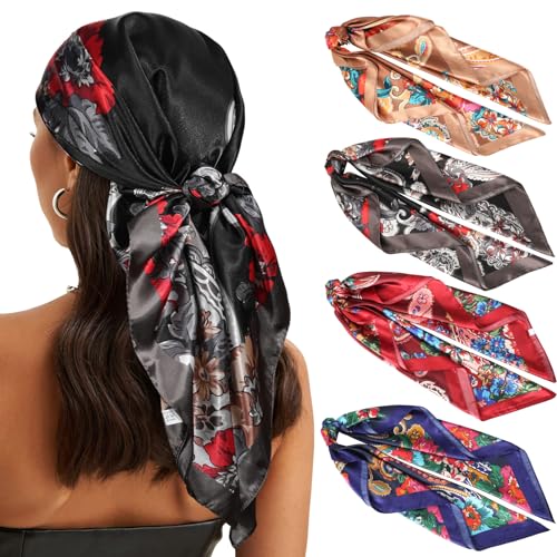 WELROG 90×90cm Große Quadratische Kopftuch Damen - 4 Stück Bandana Seidentuch Haare Haartuch Frauen zum Binden Halstuch von WELROG